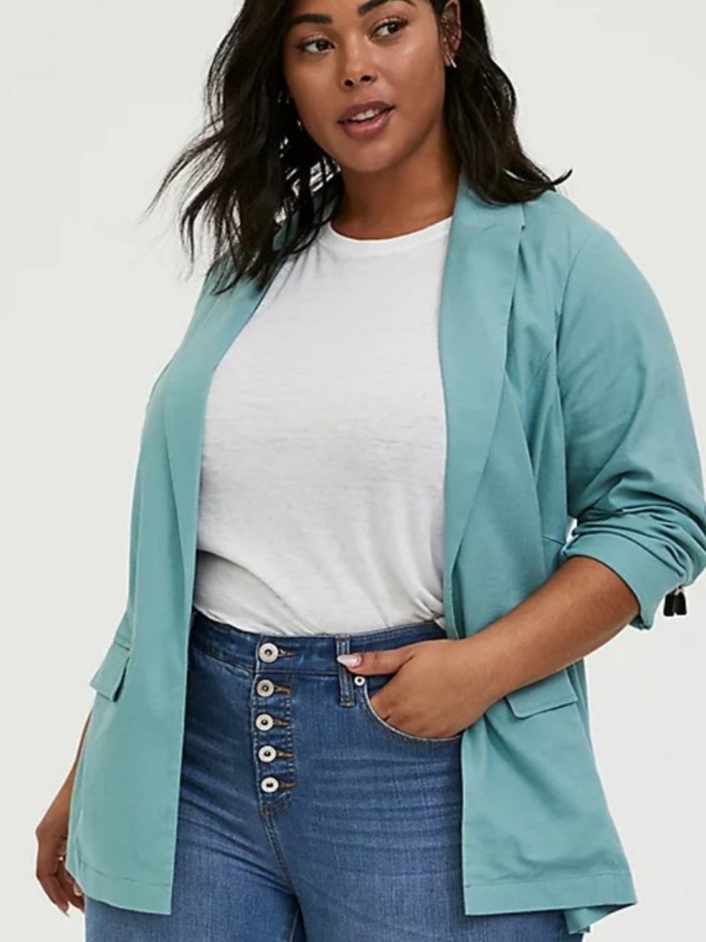 Torrid Linen RayonBlend Relaxed Fit Open Front Blazer in Aqua, Size 1X